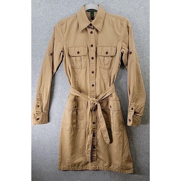 Lauren Jeans Co RALPH LAUREN Womens Sz 2 Dress Cotton Safari Tan Roll Tabs Belt - Picture 1 of 16
